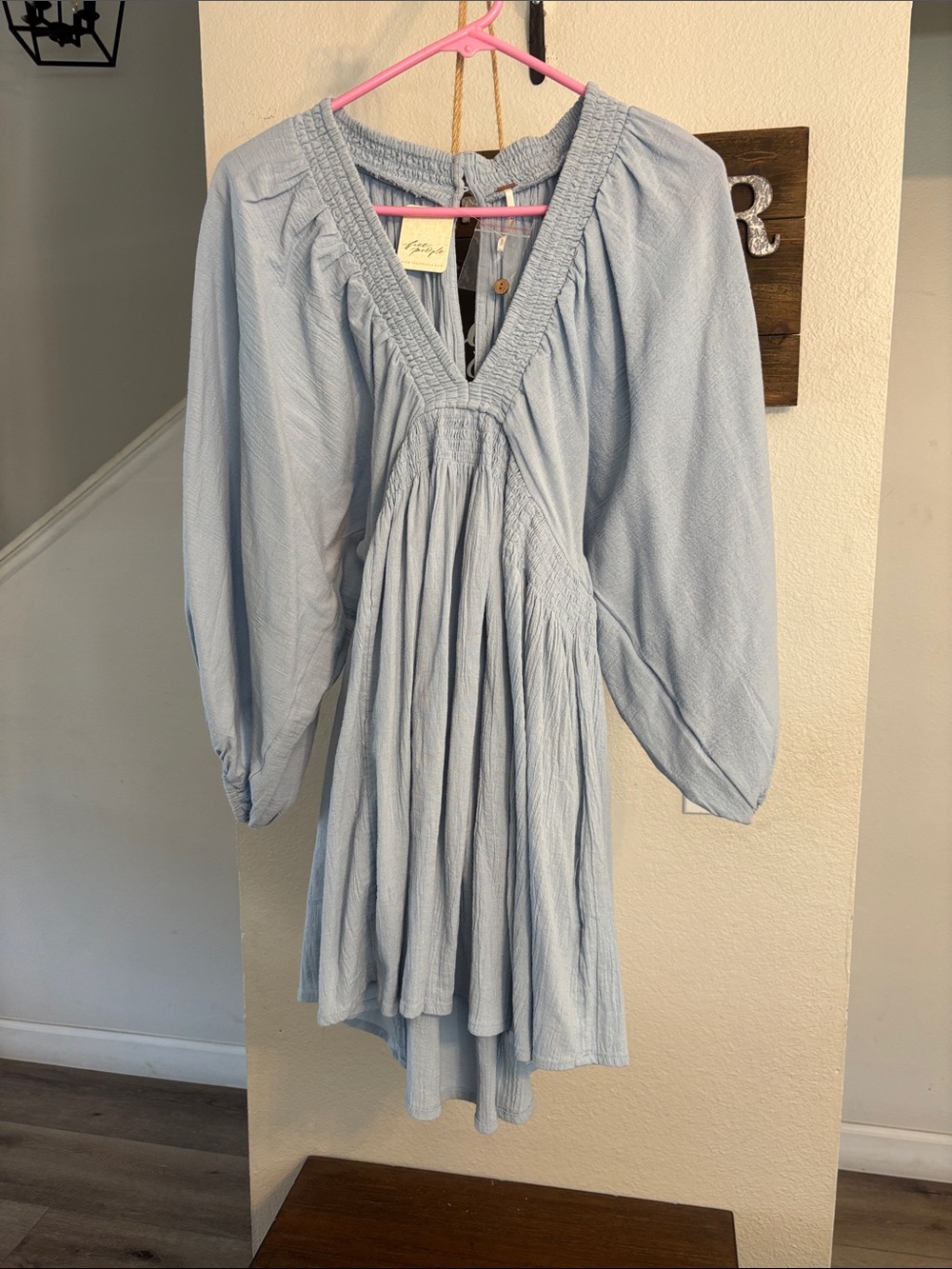 Free People Light Blue Smocked V-Neck Peasant Dress